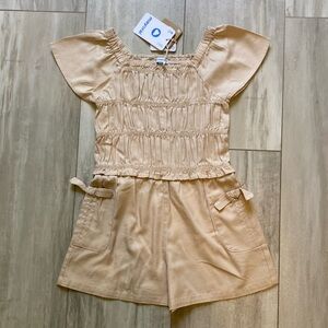NWT Mayoral Tan Gathered Smocked Short Sleeve Shorts Jumpsuit Romper, Girls 8